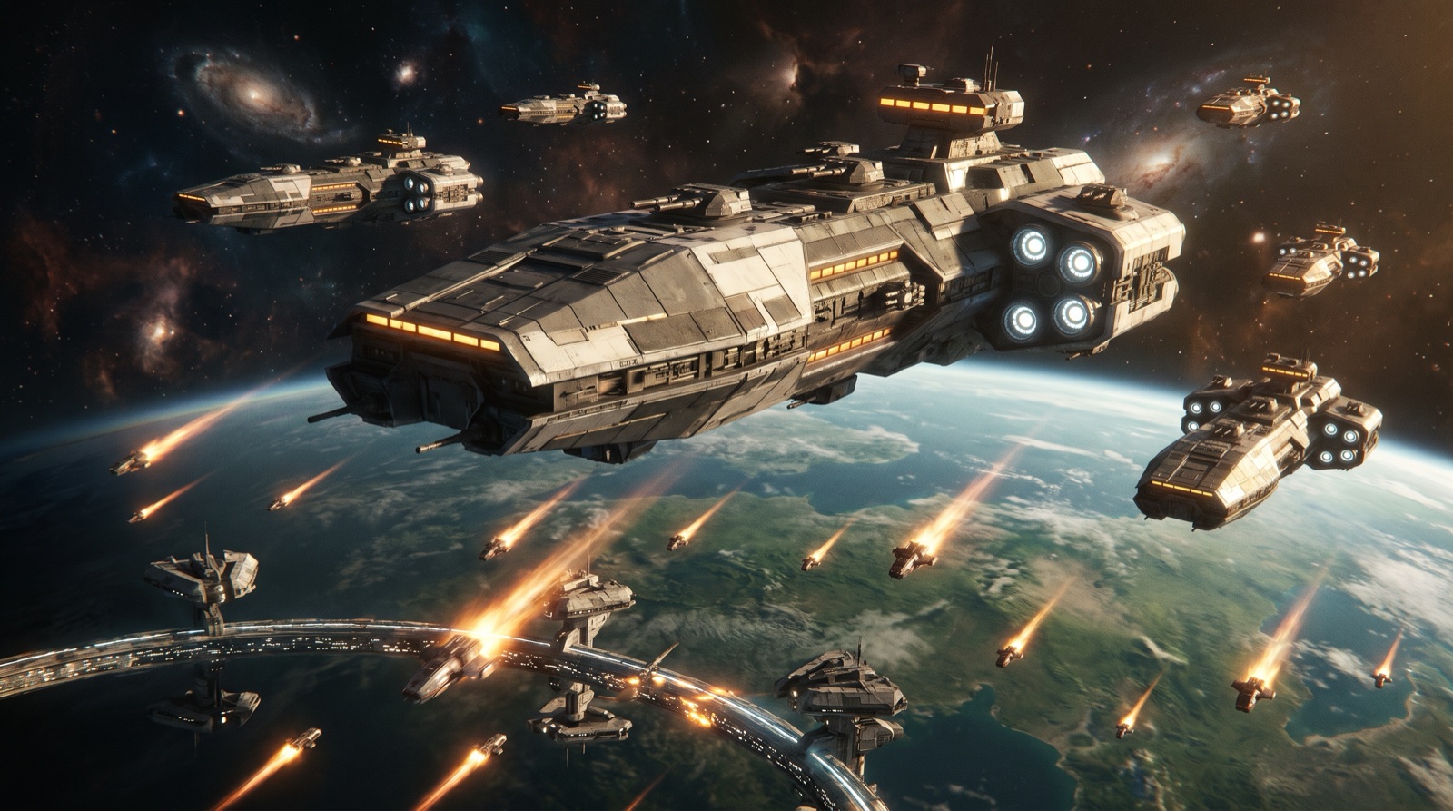 A fleet descending on a planet
